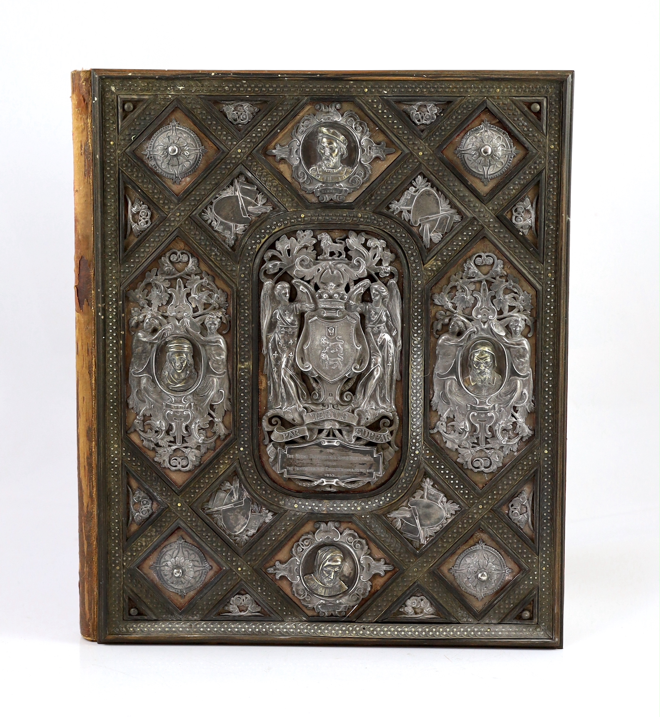 A Victorian silver, parcel gilt and ebony mounted velvet illuminated album, presented to the Right Honourable Lord Northwick in 1855